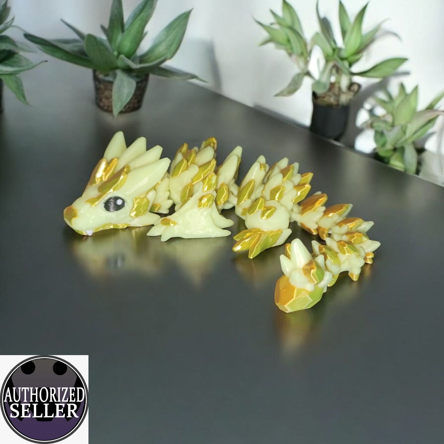 Art 059 Flexi Edelstein-Drache | 3D-gedruckter beweglicher Drache | ca. 21,5 cm lang | PLA Hellgelb - Silk Gold Deko & Geschenk für Fantasy-Fans Art 059