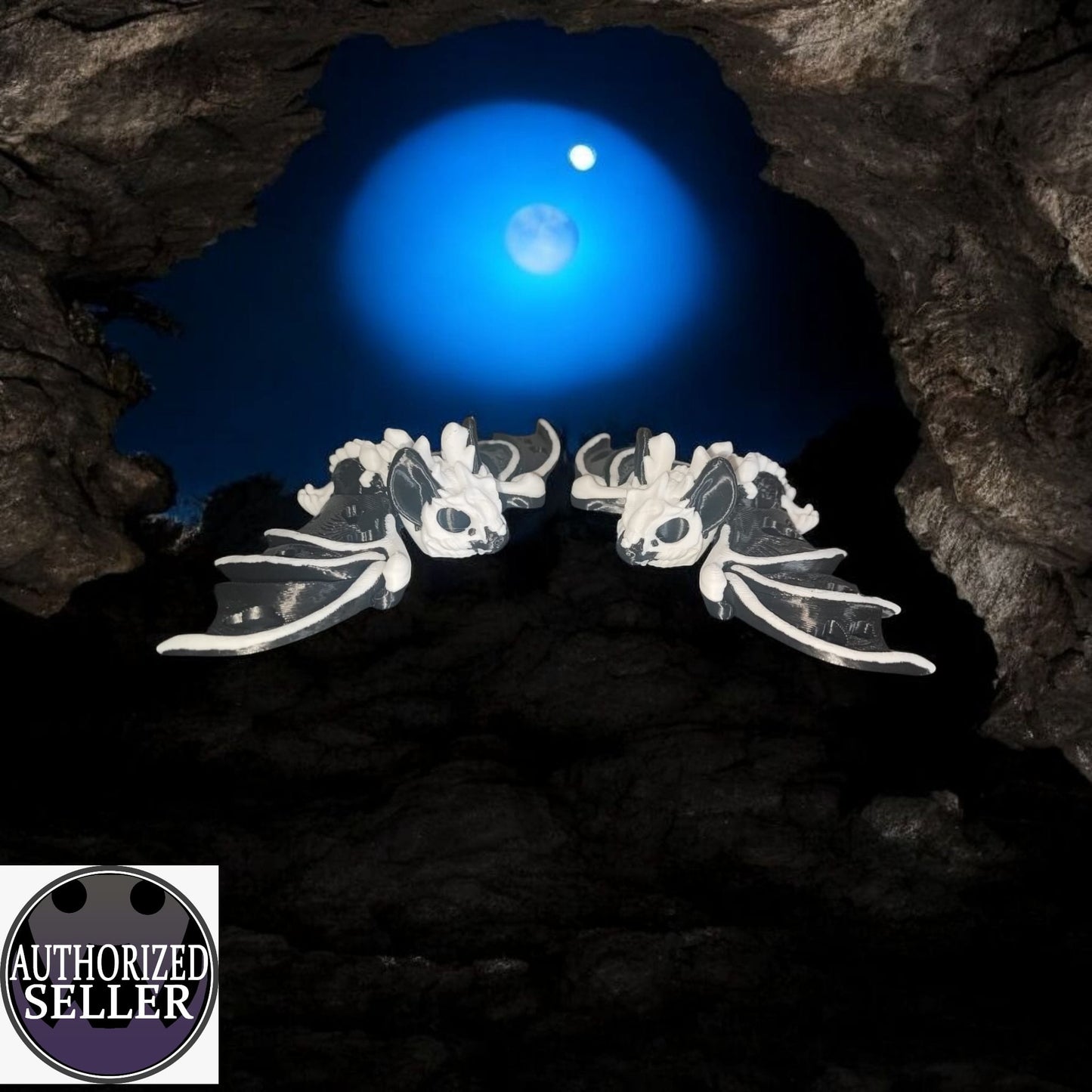 Art.037 Flexi Horror Fledermaus | 3D-gedruckter beweglich | 14cm breit - 7cm lang cm lang | PLA schwarz/weiß Deko & Geschenk für Fantasy-Fans Art.037