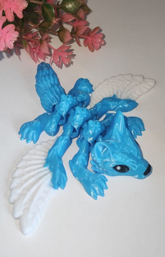 Flexi Wolfsdrache mit Flügeln| 3D-gedruckt| ca 10,5cm*12,5cm breit | PLA weiß blau schwarz Deko & Geschenk für Fantasy-Fans Art 0359