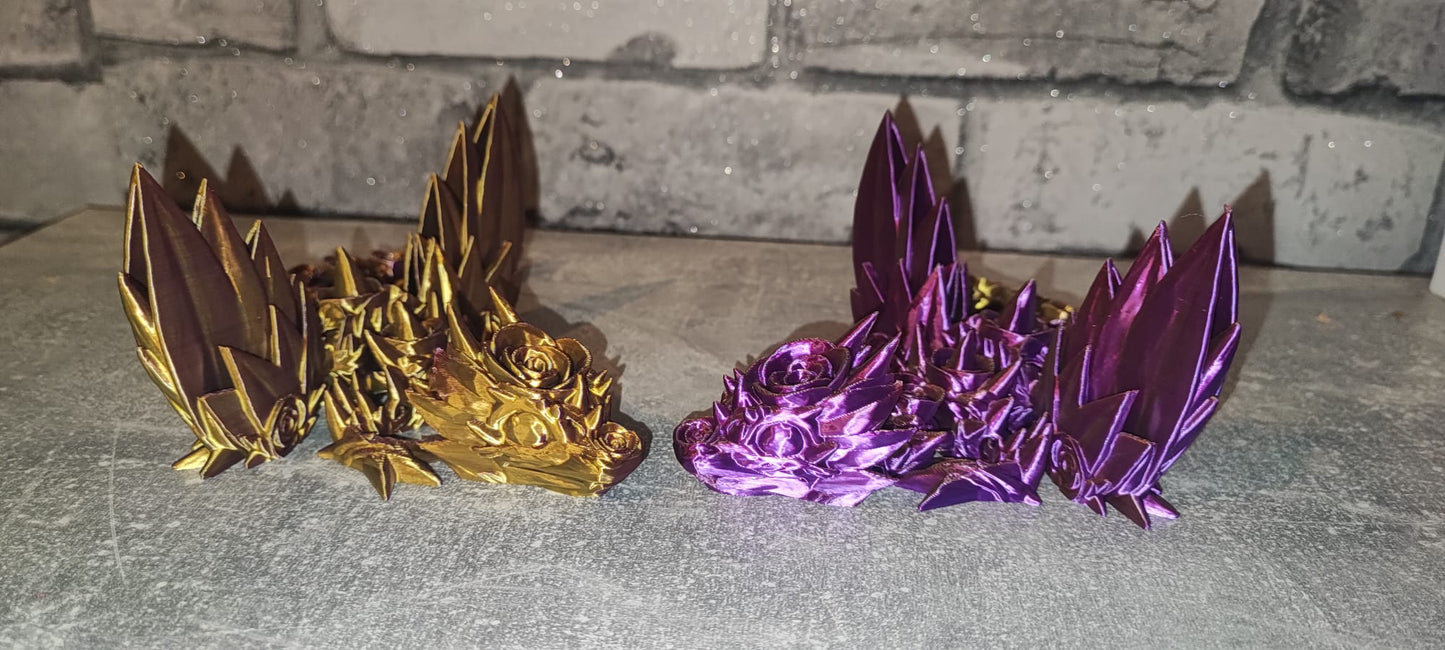 Art 0238 Flexi Rosendrache| 3D-gedruckter beweglicher Drache | ca. 22 cm lang Flügelspannweite 20cm | PLA gold lila schimmernd Deko & Geschenk für Fantasy-Fans