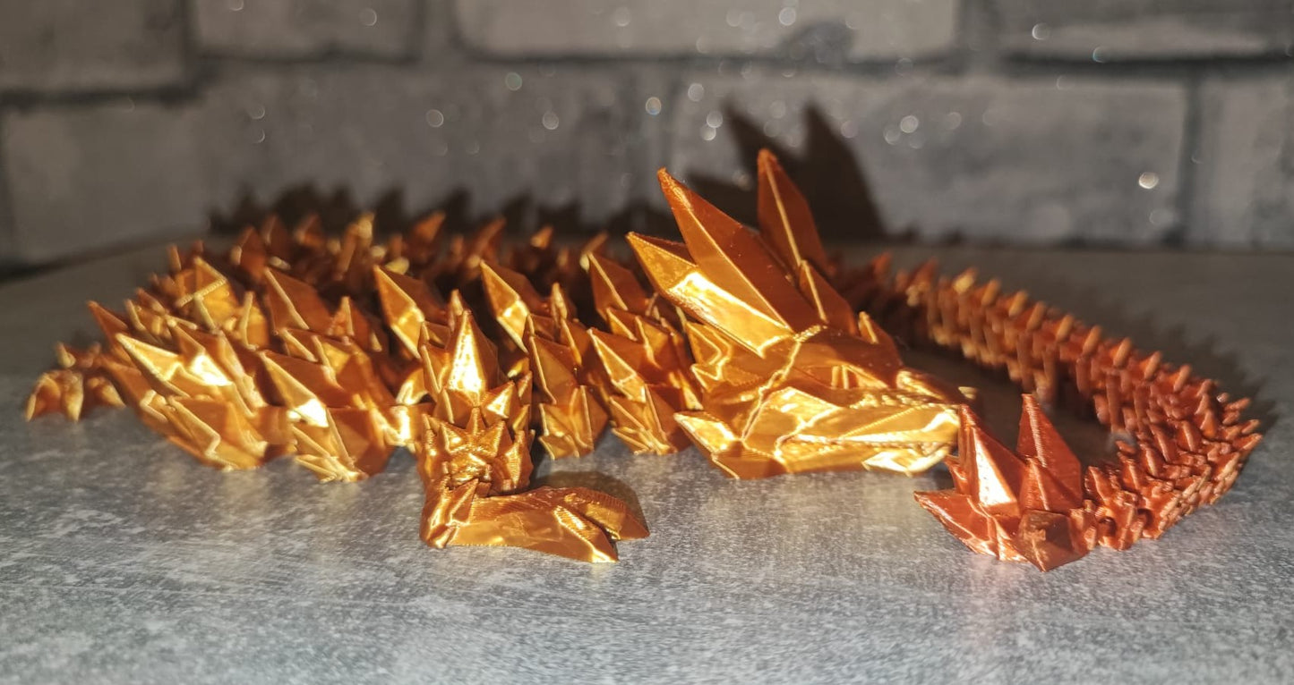 Art 0224 Flexi Kristall-Drache | 3D-gedruckter beweglicher Drache | ca. 48cm cm lang | PLA gold kupfer schimmernd Deko & Geschenk für Fantasy-Fans