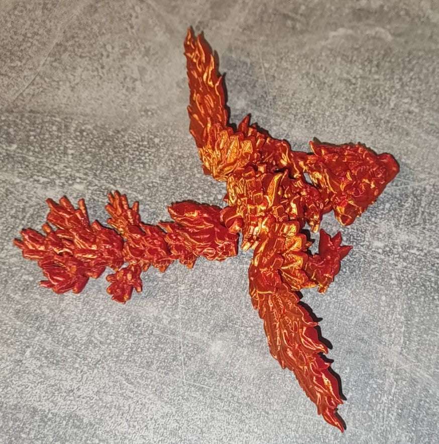 Art. 0183 Flexi Phoenix Drache | 3D-gedruckter beweglicher Drache | ca. 17,5 cm cm lang | PLA gold rot schimmernd Deko & Geschenk für Fantasy-Fans Art. 0183