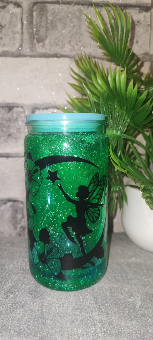 Kunststoff Lava Becher blau grün mit Fee UV dtf Aufkleber inkl Strohhalm aus Kunststoff