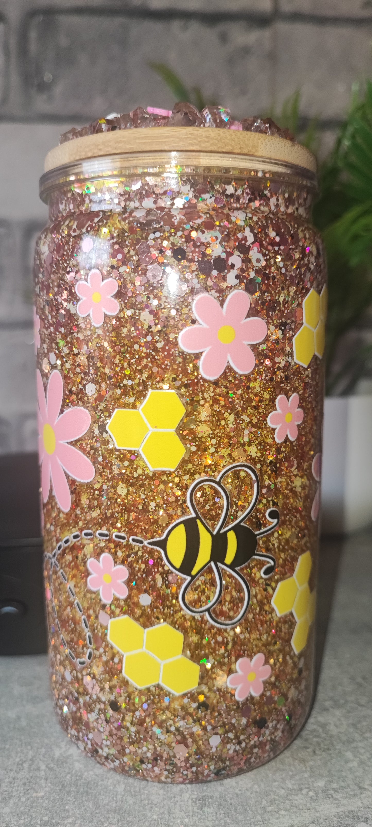 Glitzer Becher mit UV Dtf Aufkleber inkl Strohhalm Deko Deckel Kunststoff Blumen Bienen