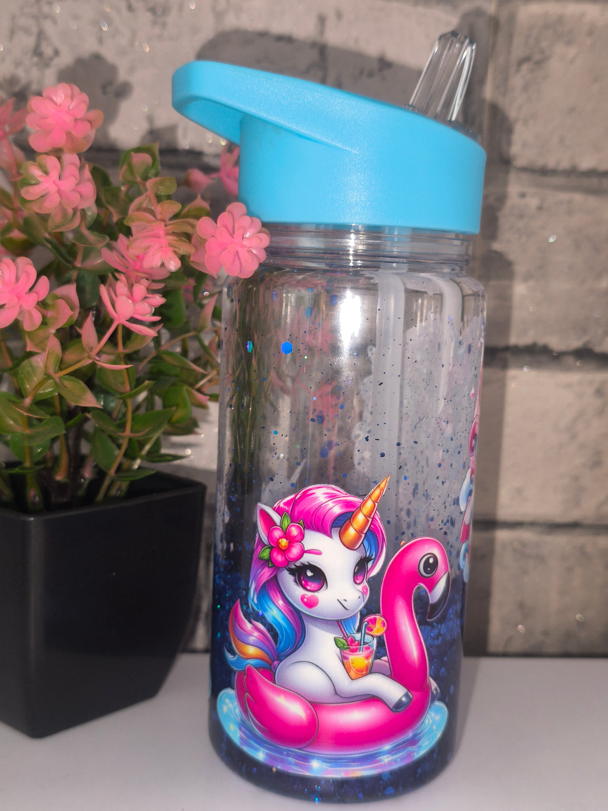 Kleine Lava Flasche mit UV Dtf Aufkleber - Einhörner blau