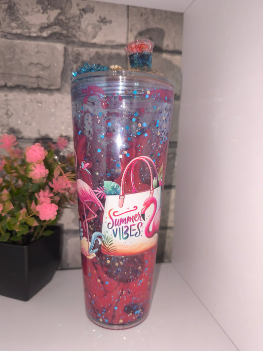 Großer Lava Becher mit UV Dtf Aufkleber inkl Strohhalm Kunststoff - Deko Deckel Strand