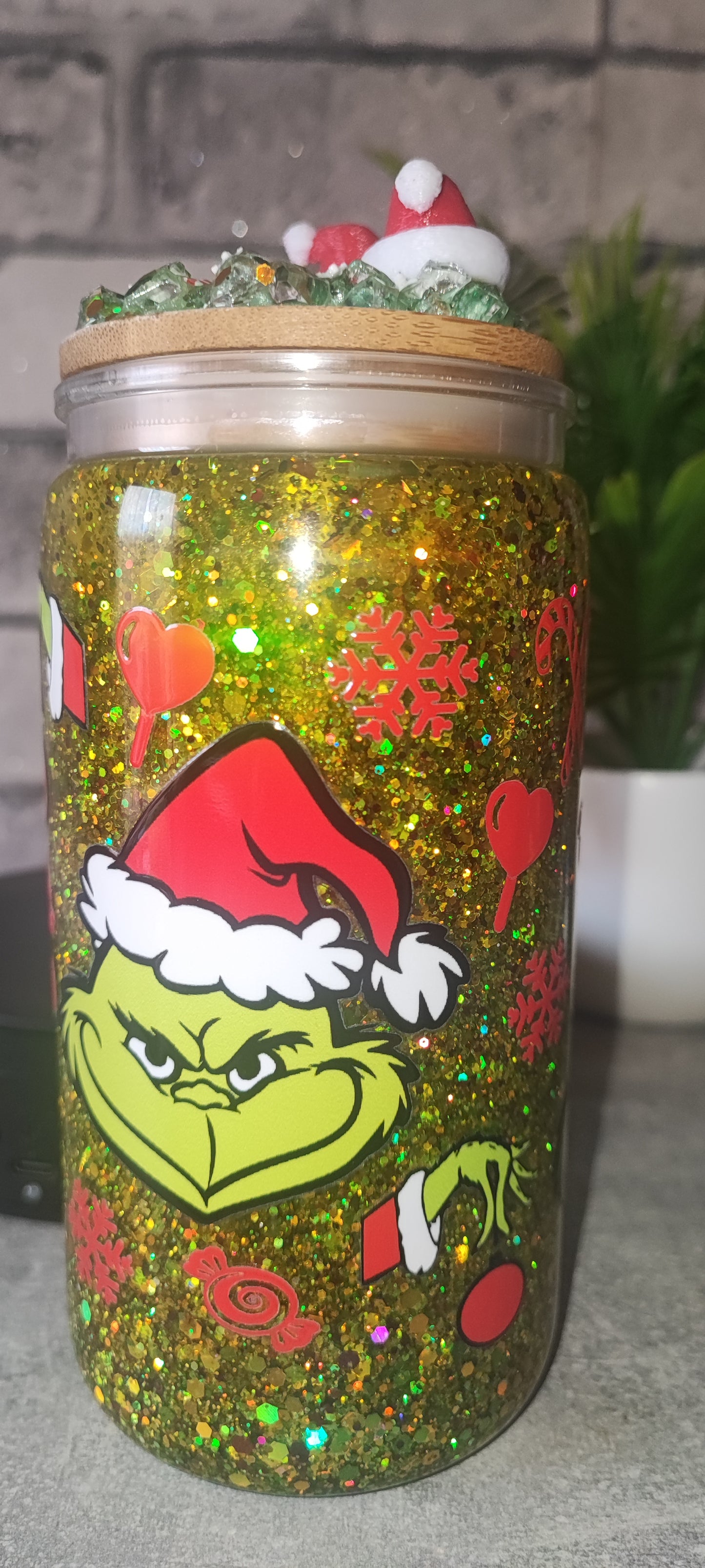 Glitzer Becher mit UV Dtf Aufkleber inkl Strohhalm Kunststoff mit Deko Deckel 3D Druck