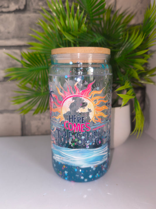 Lava Glitzer Becher mit UV Dtf Aufkleber inkl Strohhalm Kunststoff - Strand