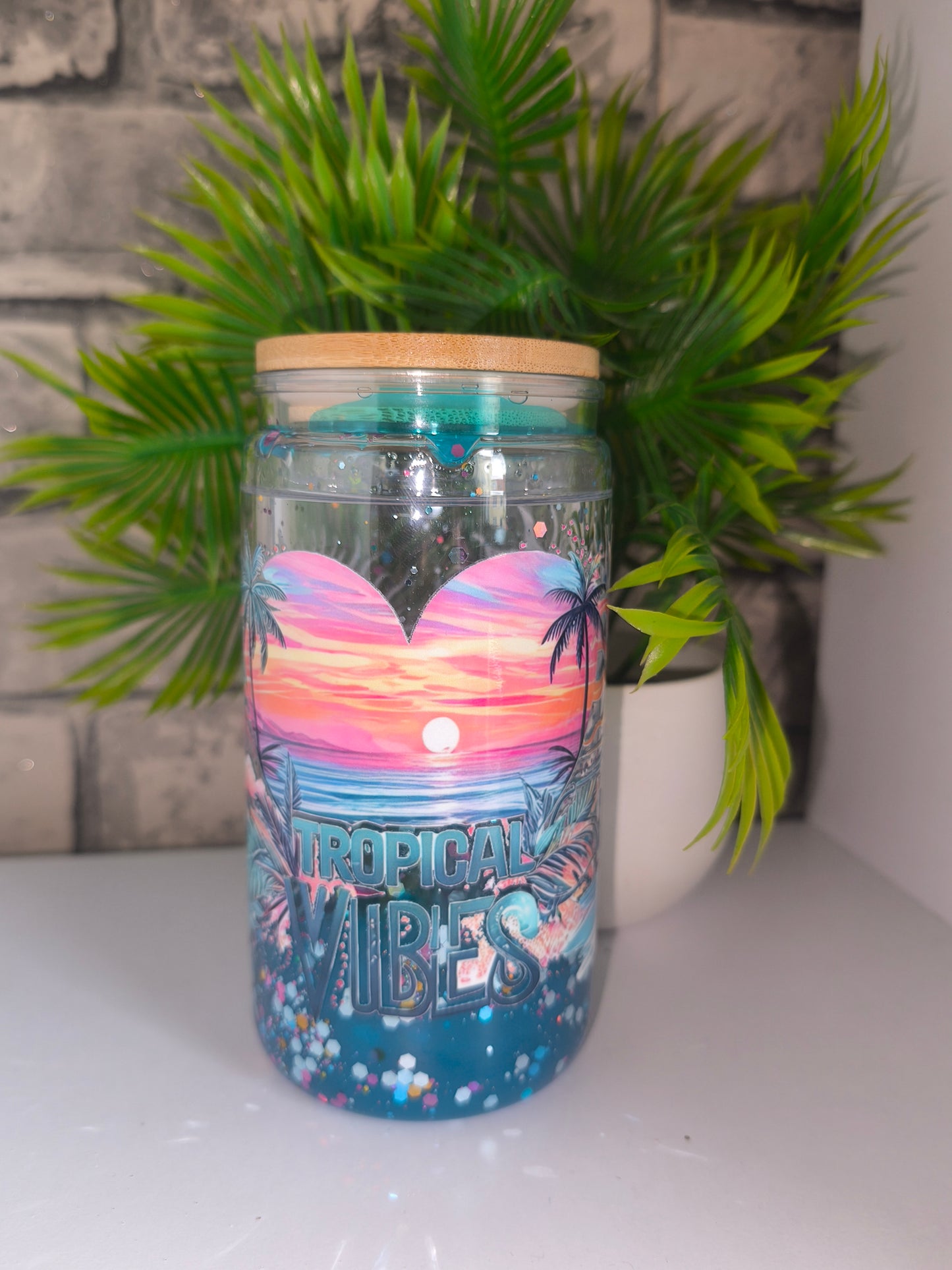 Lava Glitzer Becher mit UV Dtf Aufkleber inkl Strohhalm Kunststoff - Strand