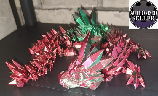 Art.092 Baby Kristall Drache| 3D-gedruckter beweglicher Drache | 26,0 cm lang | PLA Silk grün/rot Deko & Geschenk für Fantasy-Fans Art.092