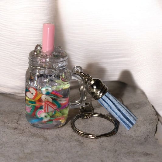 Mini Schlüsselanhänger im Snowglobe Design - Unikat - mit Quaste und Schlüsselring - Art Nr S020