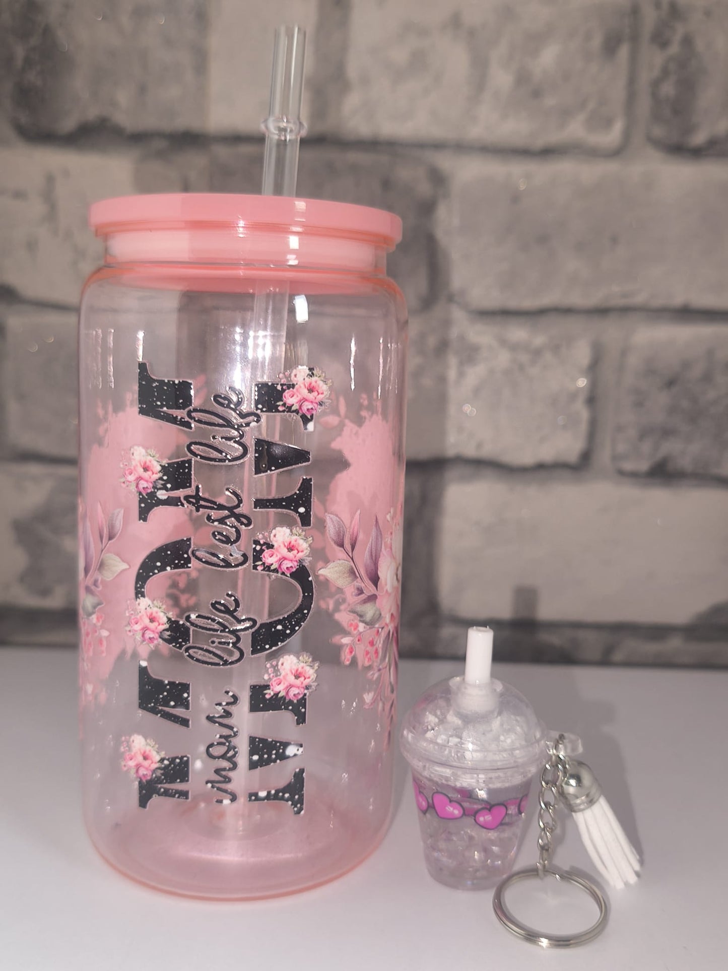 Bundle Muttertagsgeschenk| Kunststoffbecher mit UV Dtf Aufkleber inkl Strohhalm - Schlüsselanhänger |Art Nr 0401i