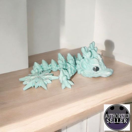 Art 074 Flexi Winter-Drache | 3D-gedruckter beweglicher Drache | ca. 19 cm lang | PLA Mint-Weiß  Deko & Geschenk für Fantasy-Fans Art 074
