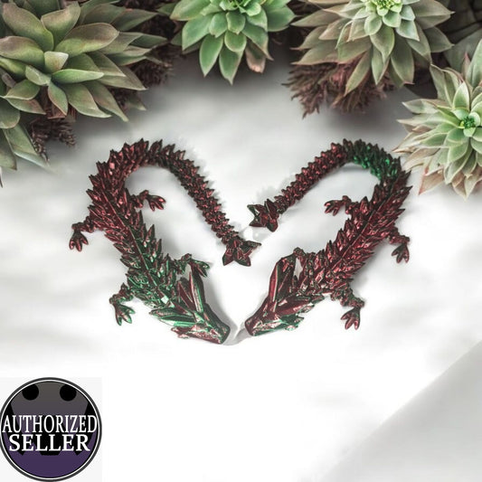 Art.029 Großer Flexi Kristalldrache| 3D-gedruckter beweglicher Drache | 44,0 cm lang | PLA Silk grün/rot Deko & Geschenk für Fantasy-Fans Art.029