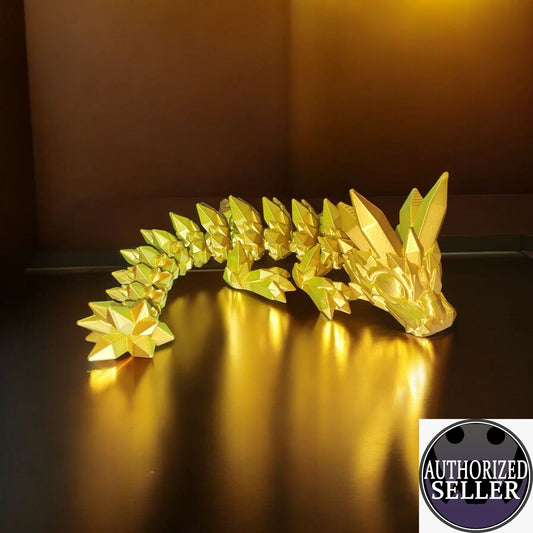 Art.019 Flexi Kristalldrache gold gelb| 3D-gedruckter beweglicher Drache | 27,0 cm lang | PLA Silk Deko & Geschenk für Fantasy-Fans Art.019