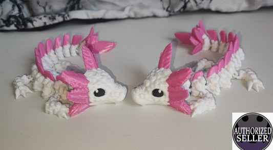 Art 0108 Flexi Axolotl | 3D-gedruckter beweglicher Axolotl | ca. 18 cm lang | PLA weiß/rosa Deko & Geschenk für Fantasy-Fans Art 0108