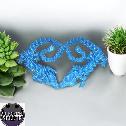 Artikel 008 Flexi Rosendrache lang 3D-gedruckter beweglicher Drache | 39,0 cm lang | PLA Silk blau Deko & Geschenk für Fantasy