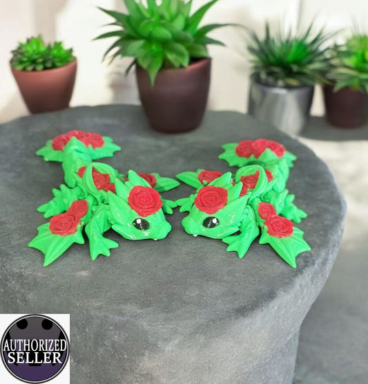 Art.055 Kleiner Rosen Drache| 3D-gedruckter beweglicher Drache | 9,5 cm lang | PLA Deko & Geschenk für Fantasy-Fans Art.055