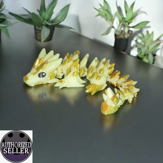 Art 059 Flexi Edelstein-Drache | 3D-gedruckter beweglicher Drache | ca. 21,5 cm lang | PLA Hellgelb - Silk Gold  Deko & Geschenk für Fantasy-Fans Art 059