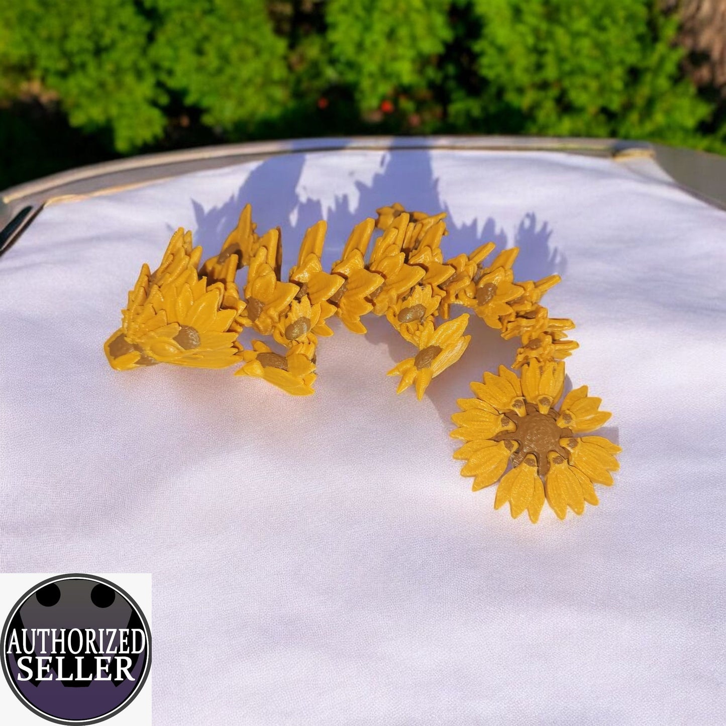 Art 071 Flexi Sonnenblumen-Drache | 3D-gedruckter beweglicher Drache | ca. 20,5 cm lang | PLA Gold Braun  Deko & Geschenk für Fantasy-Fans Art 071