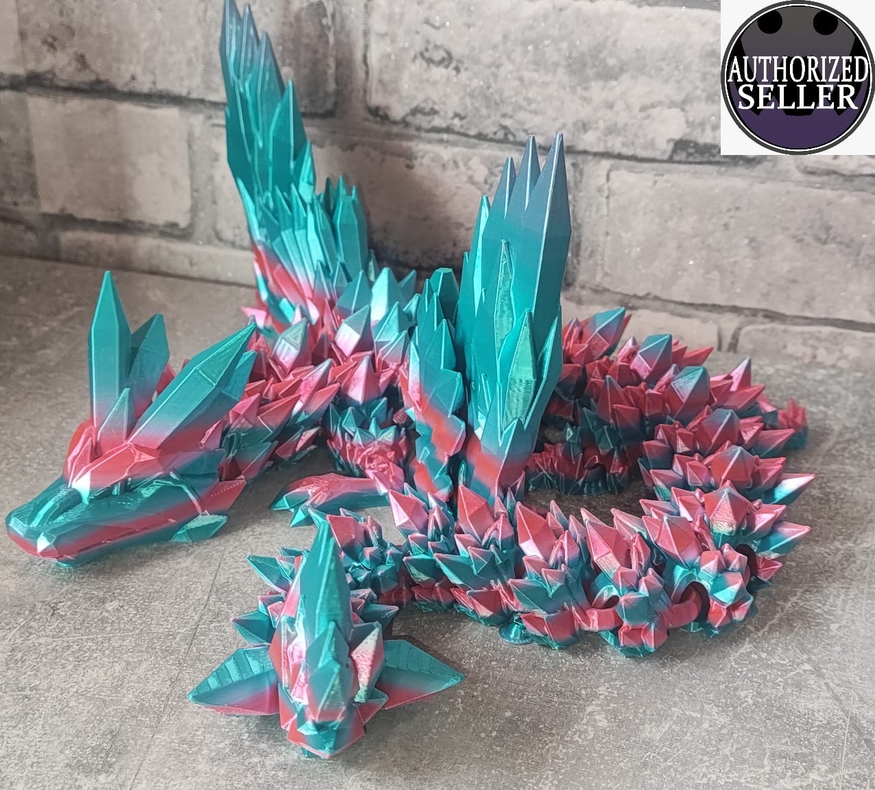 Art 0270 Mega Flexi Kristall-Drache mit Flügel | 3D-gedruckter beweglicher Drache | ca. 58cm cm lang | PLA Silk türkis pink schimmernd Deko & Geschenk für Fantasy-Fans