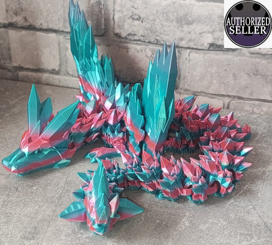 Art 0270 Mega Flexi Kristall-Drache mit Flügel | 3D-gedruckter beweglicher Drache | ca. 58cm cm lang | PLA Silk türkis pink schimmernd Deko & Geschenk für Fantasy-Fans