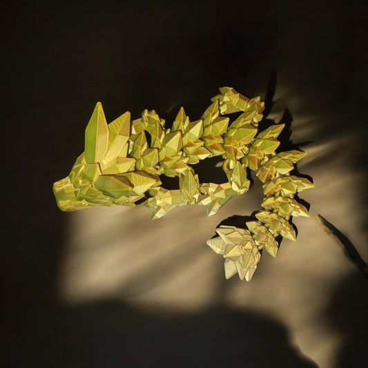 Art.019 Flexi Kristalldrache gold gelb| 3D-gedruckter beweglicher Drache | 27,0 cm lang | PLA Silk Deko & Geschenk für Fantasy-Fans Art.019
