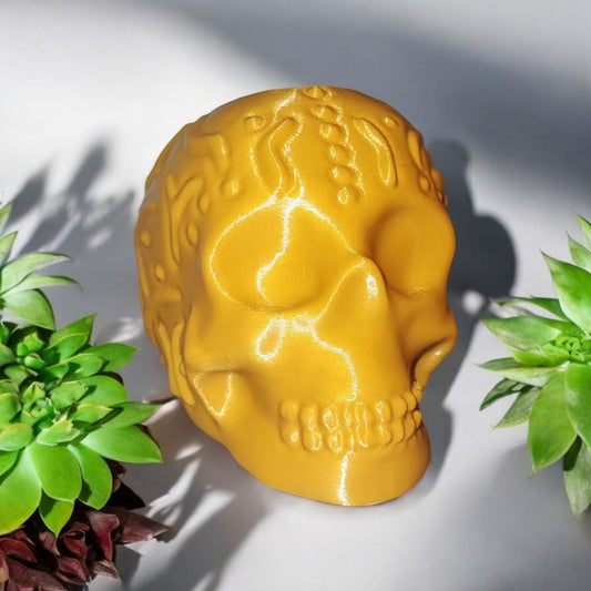 Art 080 Deko Totenkopf | 3D-gedruckter Stiftehalter/behälter | 10cm Höhe & 13,5cm Tiefe | PLA Goldfarbend Deko Home Geschenk Art 080