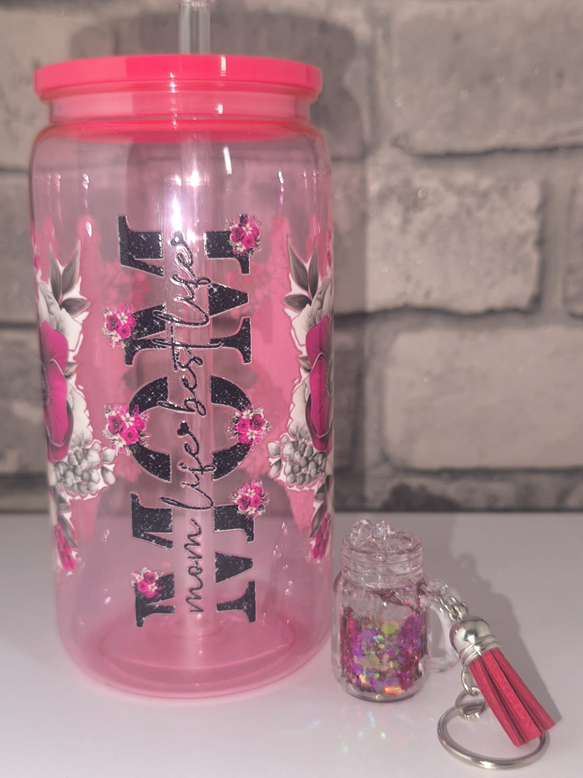 Bundle Muttertagsgeschenk| Kunststoffbecher mit UV Dtf Aufkleber inkl Strohhalm - Schlüsselanhänger |Art Nr 0401e