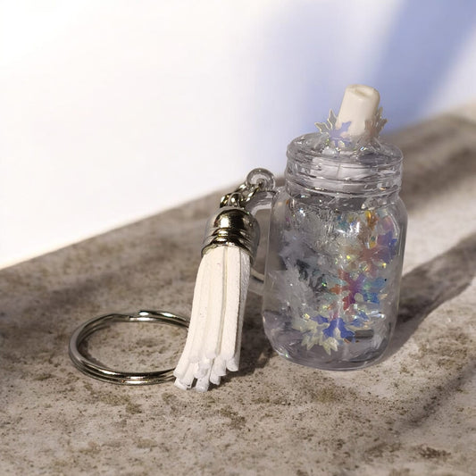 Mini Schlüsselanhänger im Snowglobe Design - Unikat - mit Quaste und Schlüsselring - Art Nr S023