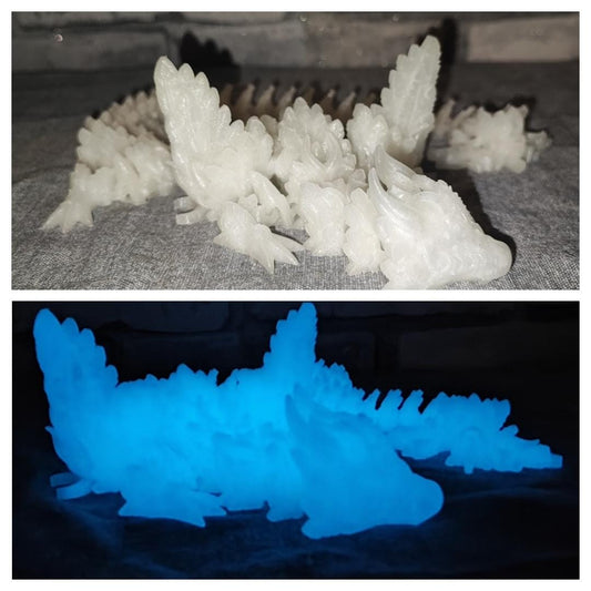Art 0157 Flexi Mondflügel Drache | 3D-gedruckter beweglicher Drache | ca. 42 cm lang | PLA Nachtsleuchtend blau Deko & Geschenk für Fantasy-Fans Art 0157