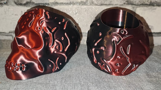 Art 0144 Deko Totenkopf | 3D-gedruckter Stiftehalter/behälter | 10cm Höhe & 13,5cm Tiefe | PLA Seiden schwarz rot Deko Home Geschenk Art 0144