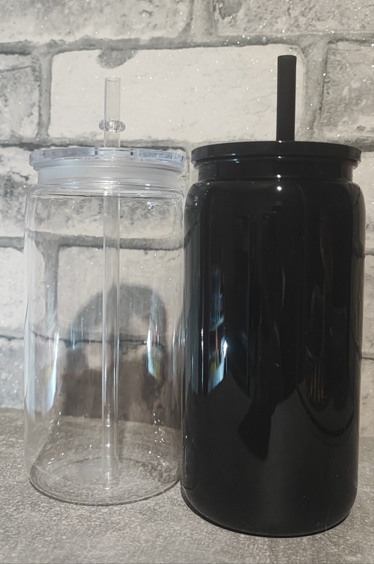 Schwarz/Transparenter Kunststoff Becher mit Strohhalm und UV Dtf Aufkleber - inkl Deckel