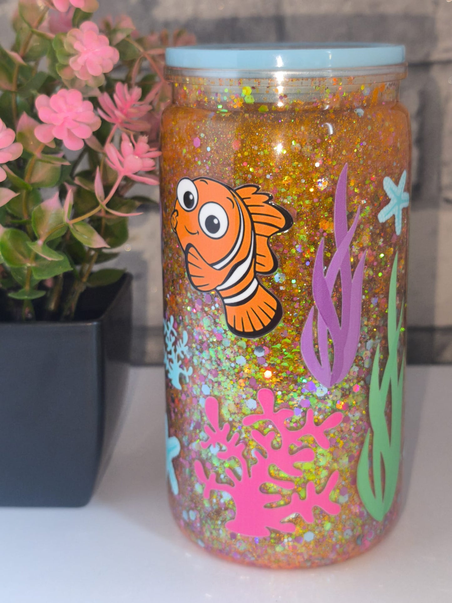 Lava Becher mit UV Dtf Aufkleber inkl Strohhalm - Kunststoff - Fisch Korallen