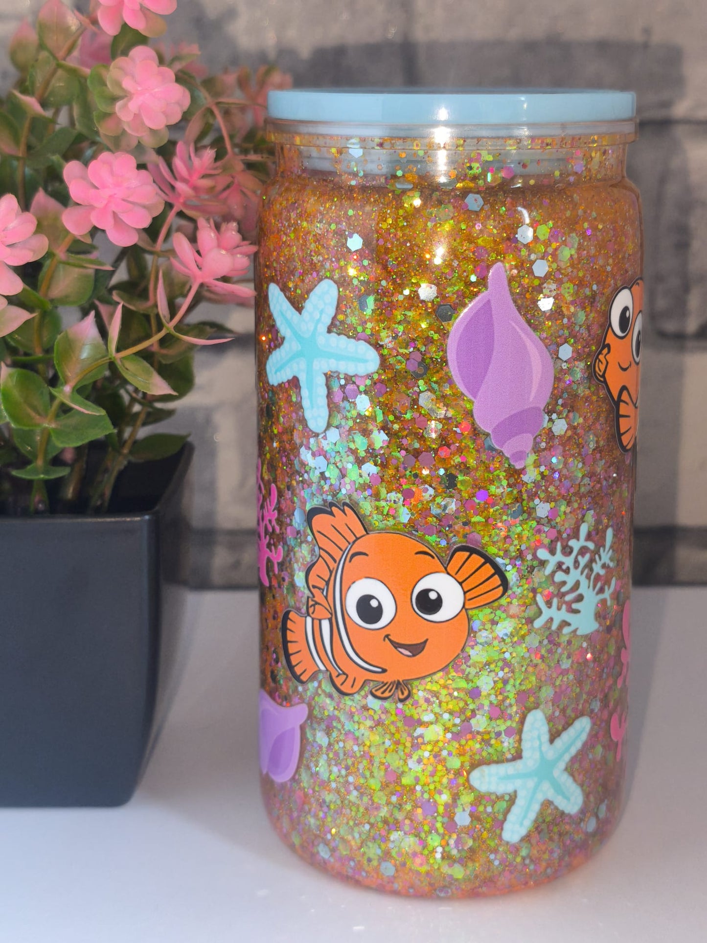 Lava Becher mit UV Dtf Aufkleber inkl Strohhalm - Kunststoff - Fisch Korallen