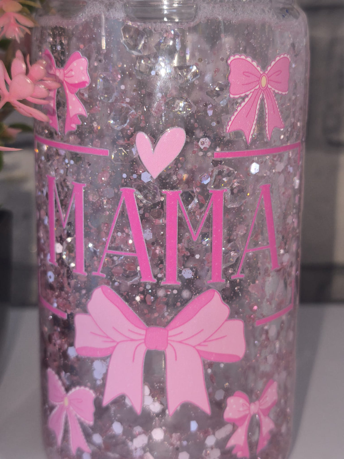 Glitzer Becher mit UV Dtf Aufkleber inkl Strohhalm Kunststoff - Mama