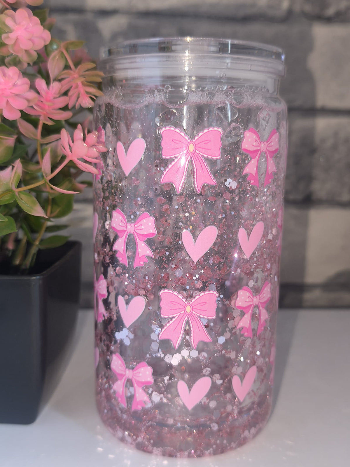 Glitzer Becher mit UV Dtf Aufkleber inkl Strohhalm Kunststoff - Mama