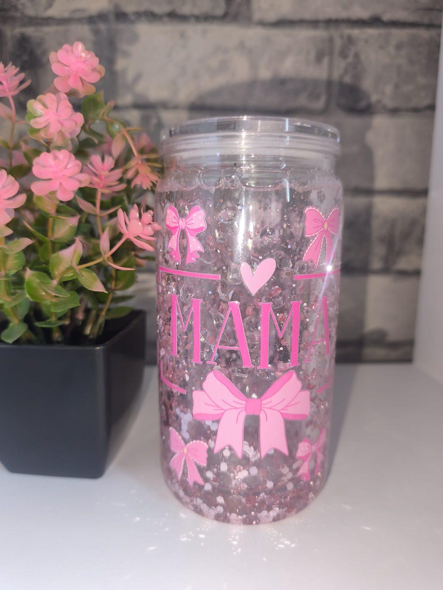 Glitzer Becher mit UV Dtf Aufkleber inkl Strohhalm Kunststoff - Mama