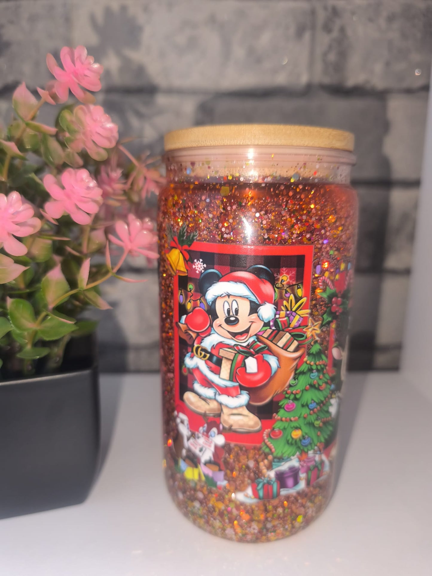 Glitzer Becher mit UV Dtf Aufkleber inkl Strohhalm Kunststoff - Weihnachten Maus