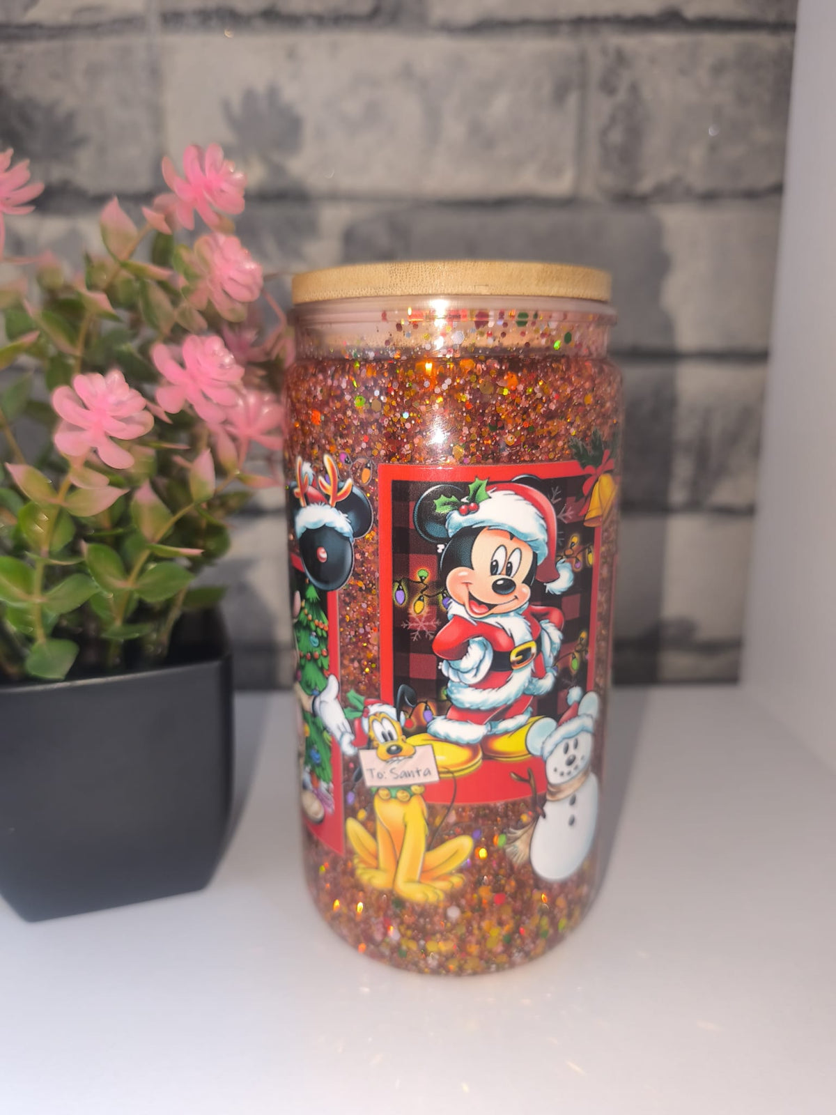 Glitzer Becher mit UV Dtf Aufkleber inkl Strohhalm Kunststoff - Weihnachten Maus