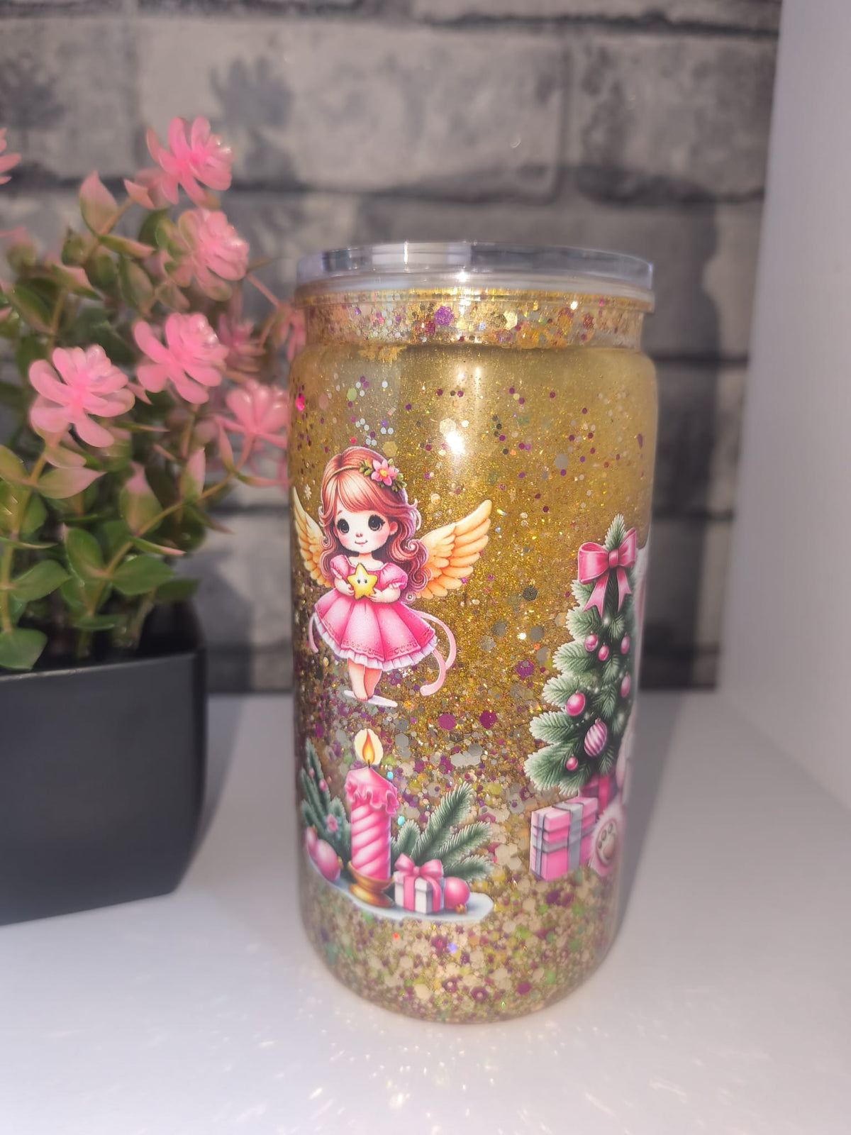 Glitzer Becher mit UV Dtf Aufkleber inkl Strohhalm Kunststoff - Weihnachtsbär