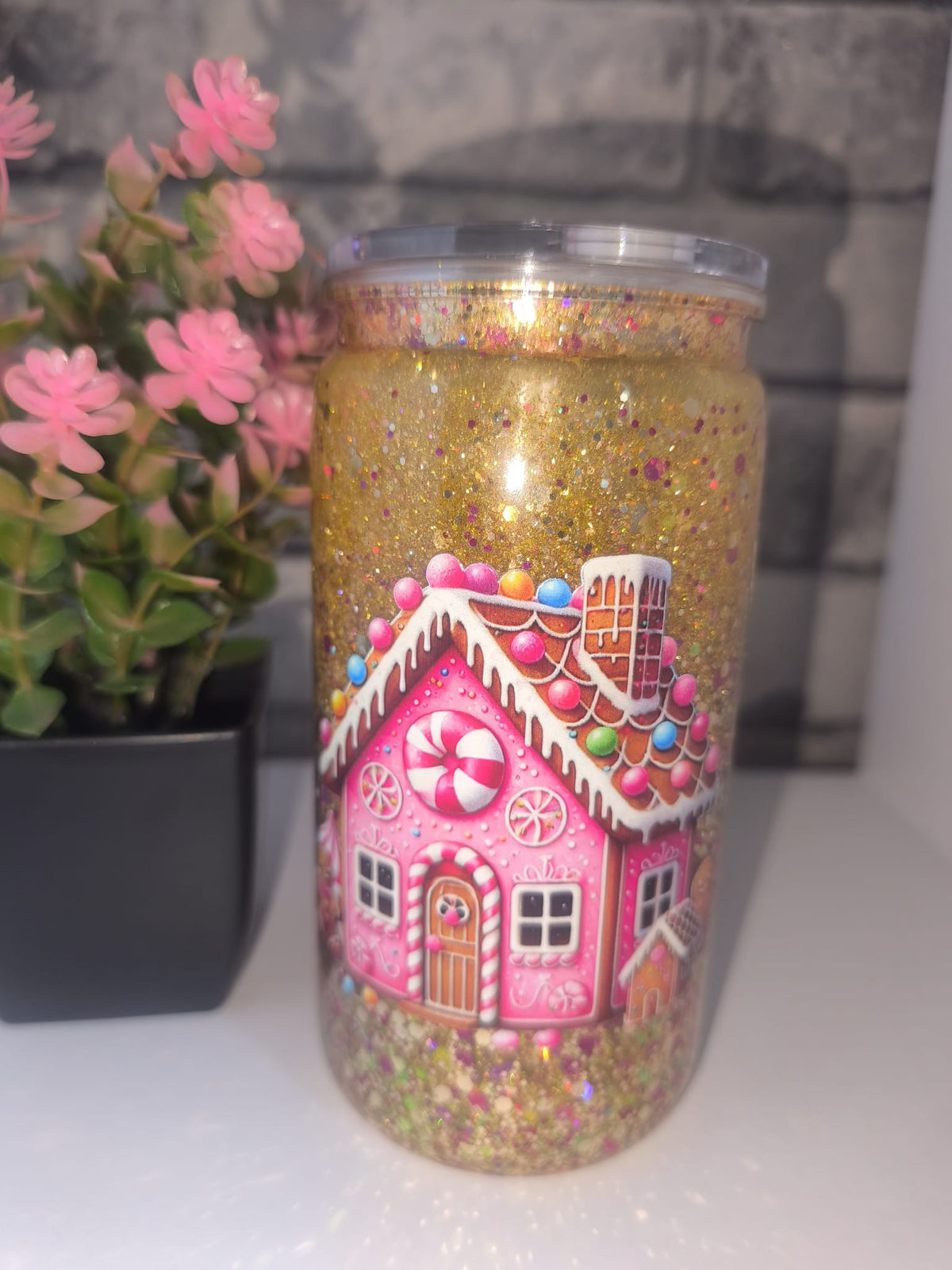 Glitzer Becher mit UV Dtf Aufkleber inkl Strohhalm Kunststoff - Weihnachtsbär