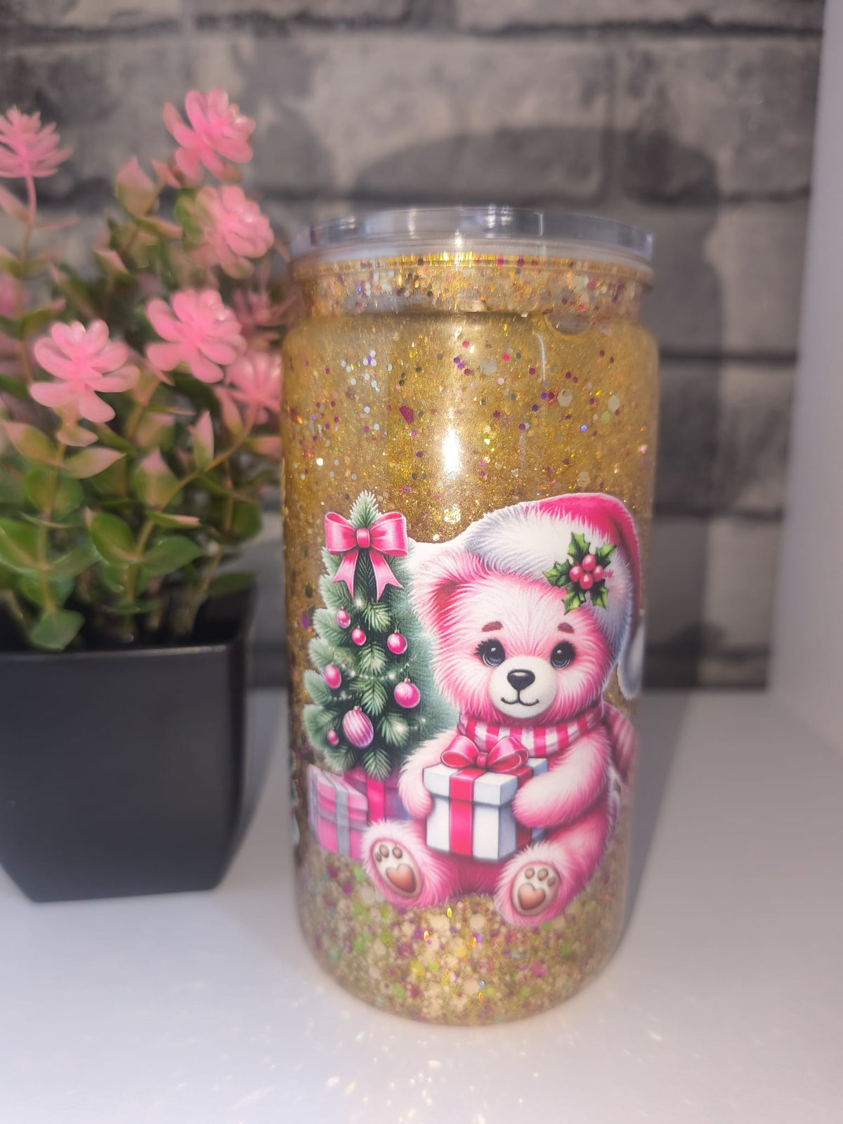 Glitzer Becher mit UV Dtf Aufkleber inkl Strohhalm Kunststoff - Weihnachtsbär