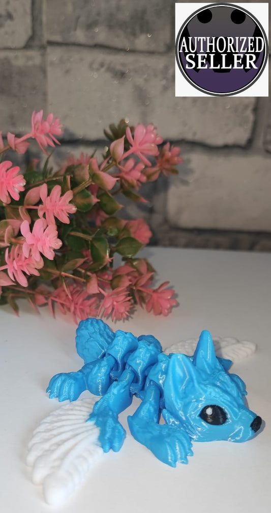 Flexi Wolfsdrache mit Flügeln| 3D-gedruckt| ca 10,5cm*12,5cm breit | PLA weiß blau schwarz Deko & Geschenk für Fantasy-Fans Art 0359