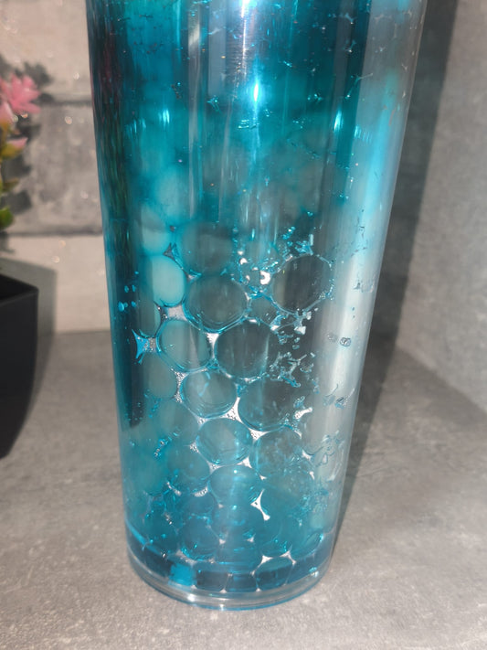 Großer Becher mit Wasserperlen blau inkl Strohhalm Kunststoff - mit 3D gedruckter Seerose