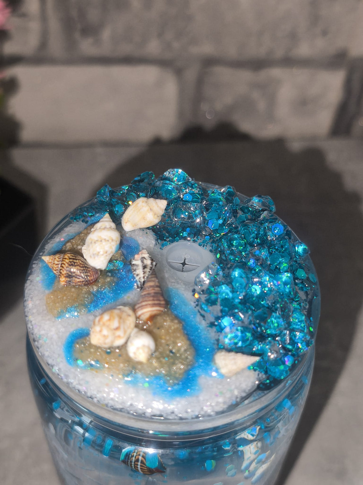 Meeres Lava Becher mit UV Dtf Aufkleber inkl Strohhalm - Kunststoff - Deko Deckel mit Muscheln