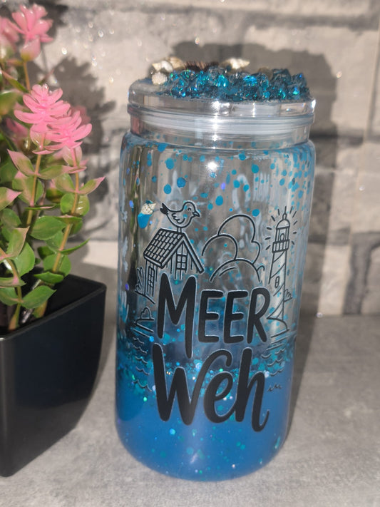 Meeres Lava Becher mit UV Dtf Aufkleber inkl Strohhalm - Kunststoff - Deko Deckel mit Muscheln