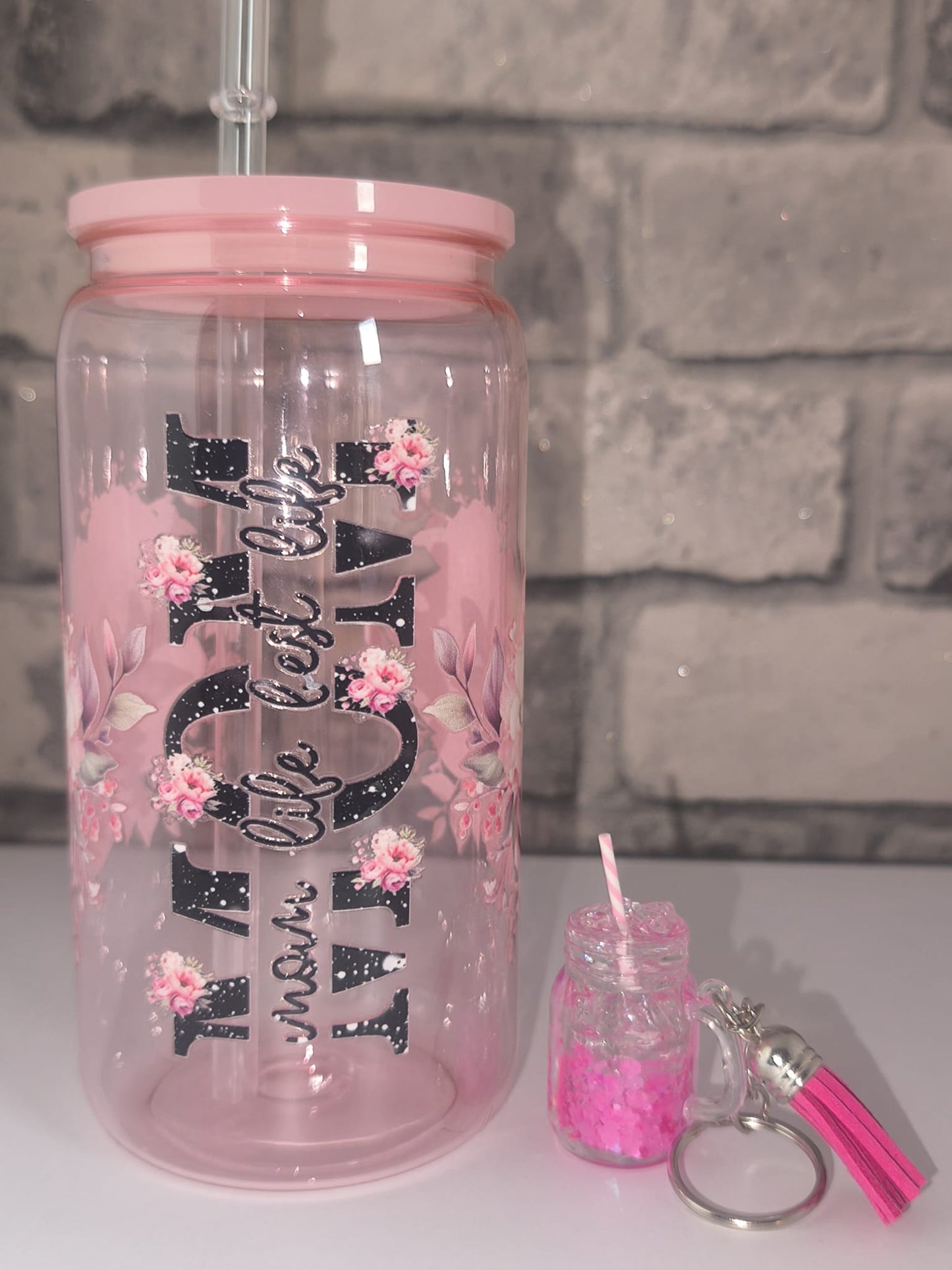 Bundle Muttertagsgeschenk| Kunststoffbecher mit UV Dtf Aufkleber inkl Strohhalm - Schlüsselanhänger |Art Nr 0401h