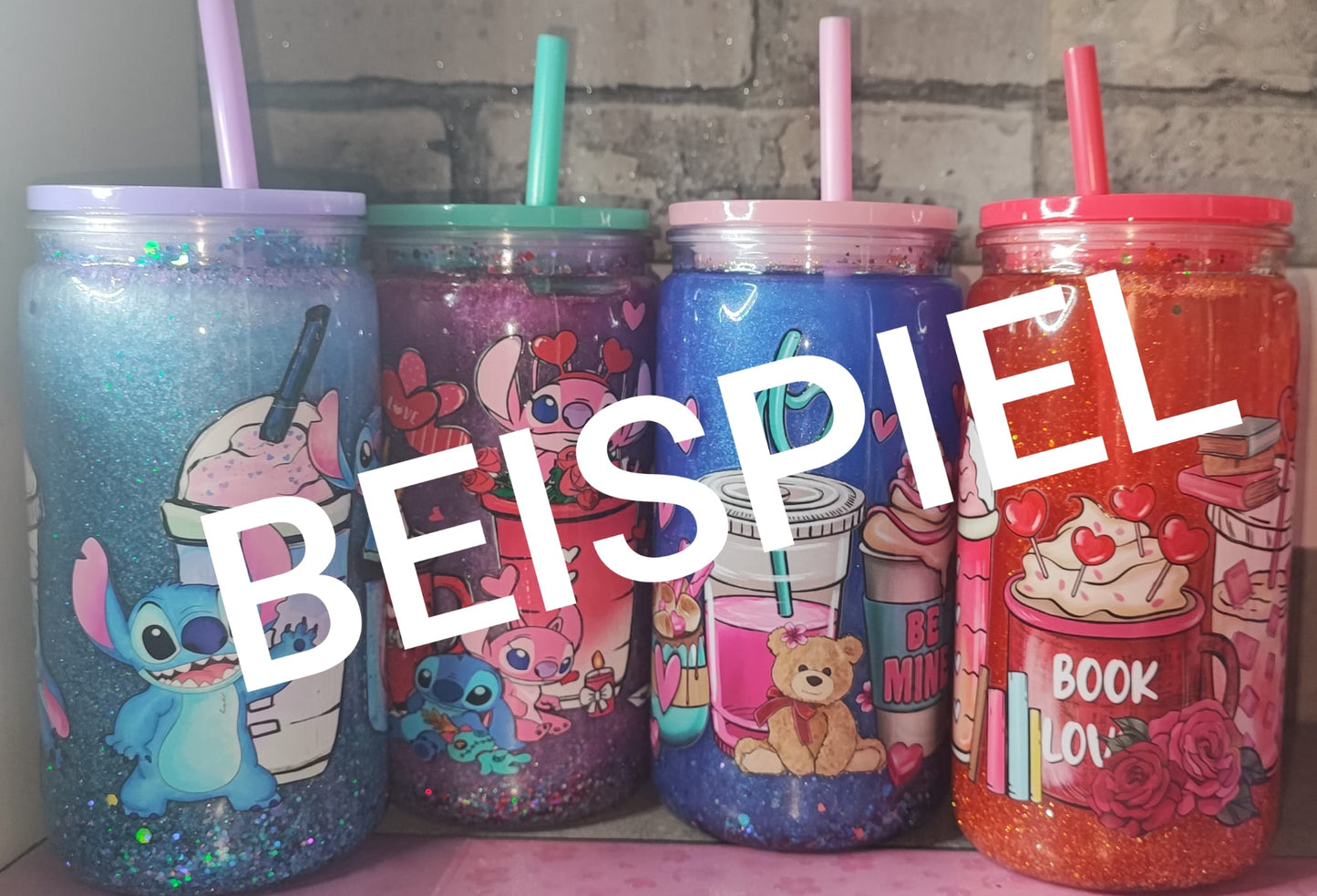Glitzer Becher mit farbigen Strohhalm und UV Dtf Aufkleber - Kunststoff - Deckel farbig