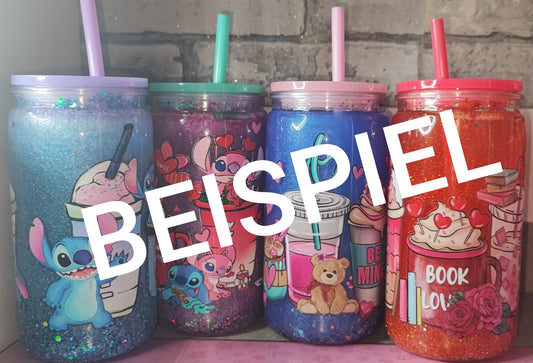 Glitzer Becher mit farbigen Strohhalm und UV Dtf Aufkleber - Kunststoff - Deckel farbig